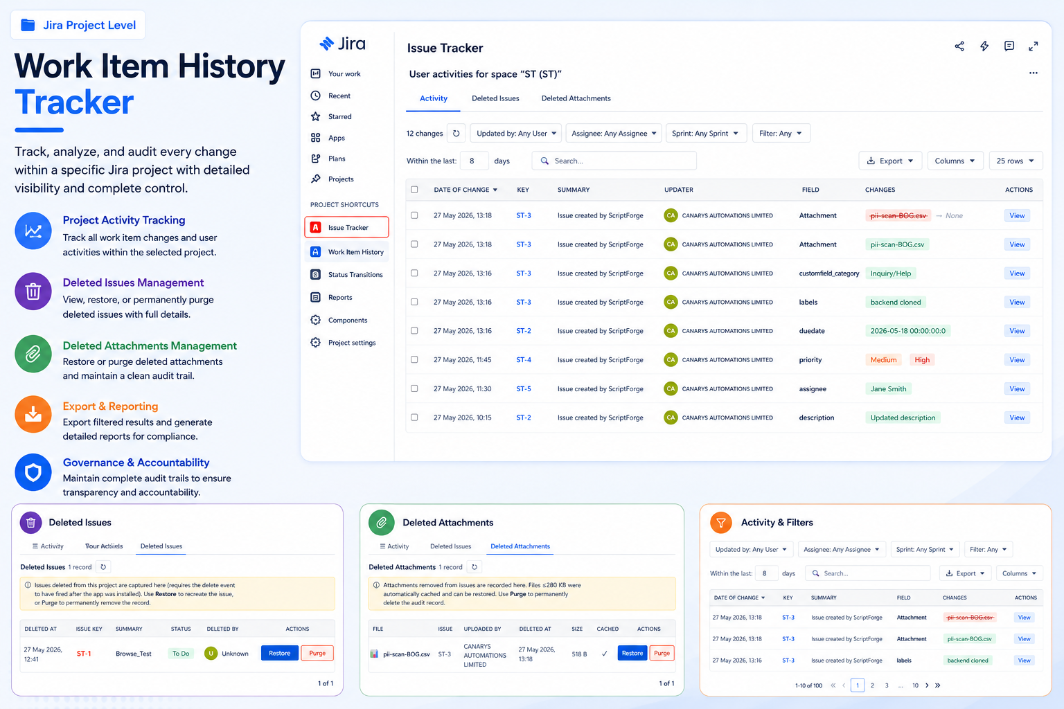 Comprehensive project-level tracking with advanced filtering, export capabilities, deleted work item recovery, attachment restoration, and centralized audit history management