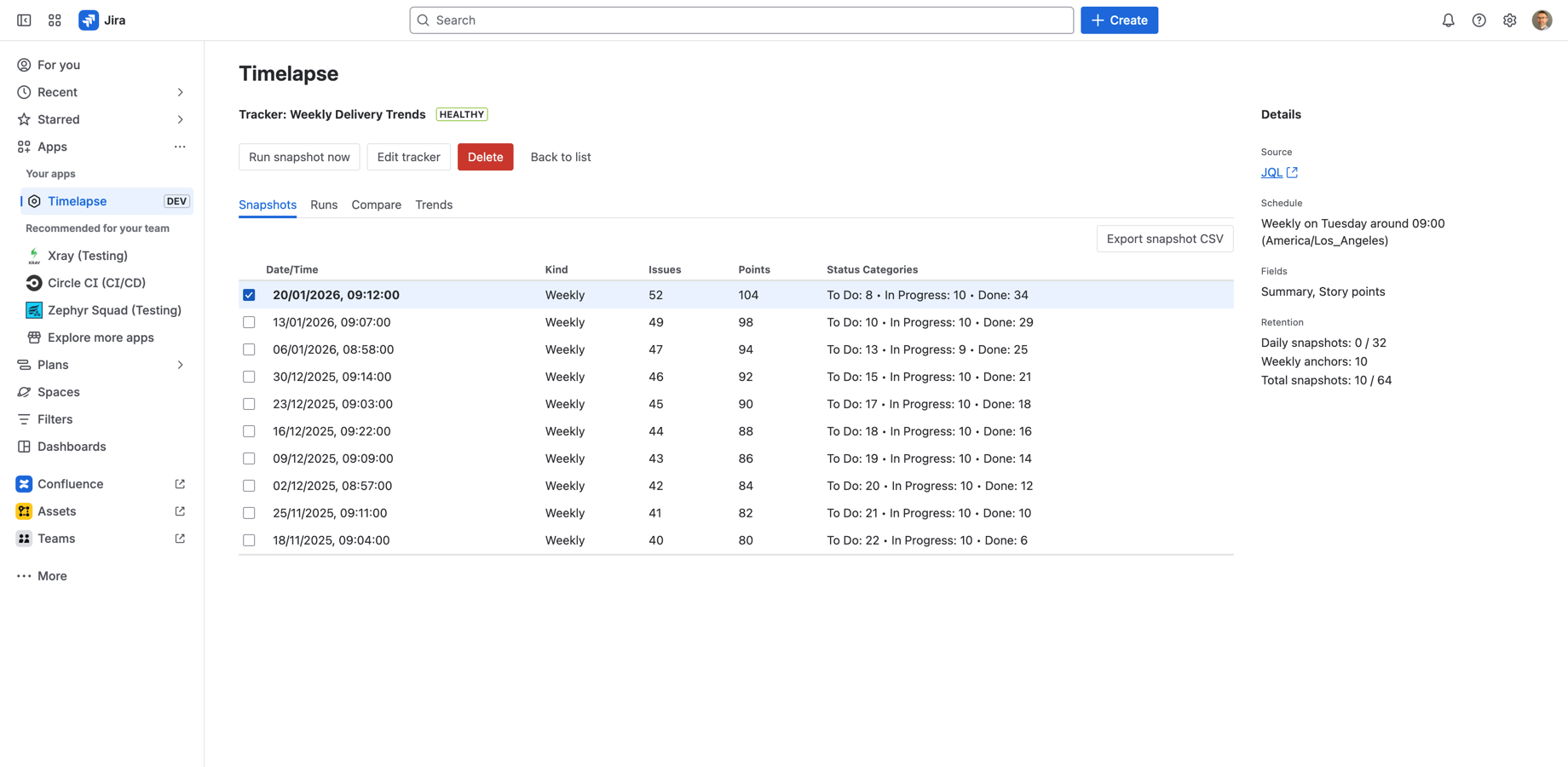 Snapshot list with clear timestamps totals and CSV export selected