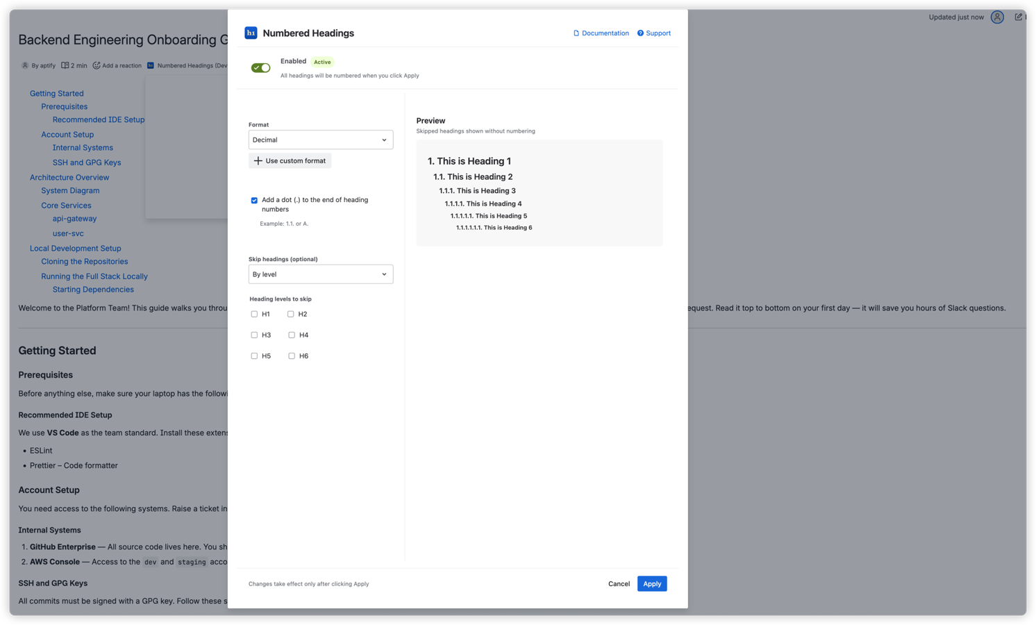 Configure heading numbering with format options, skip rules, and live preview in one panel.