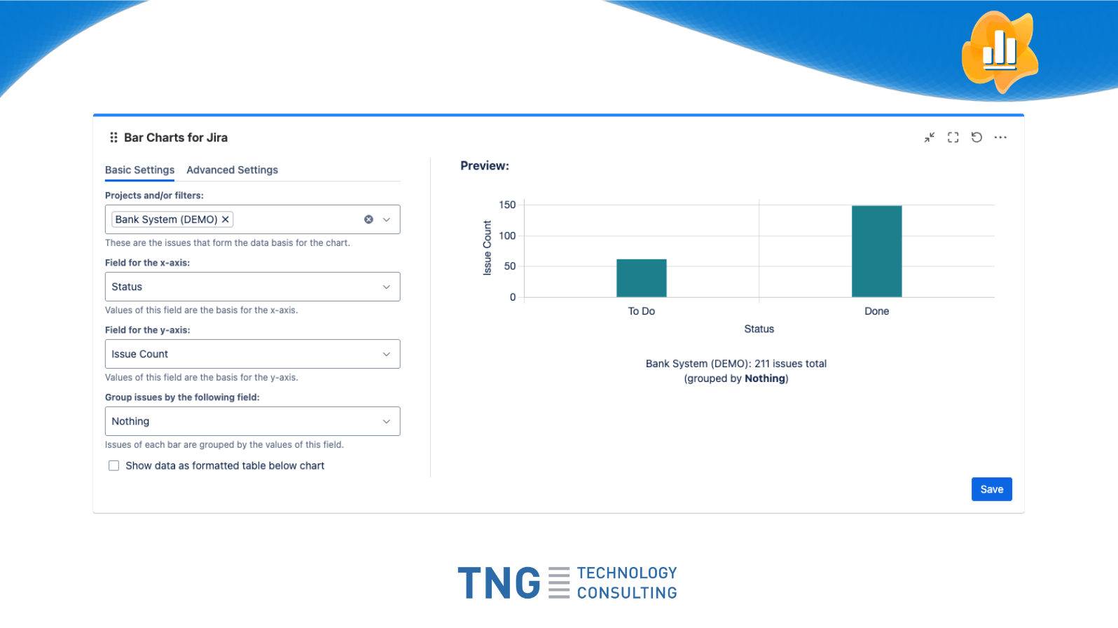 Use the full power of JQL to filter desired issues. Use advanced configuration options like chart height or refresh interval.