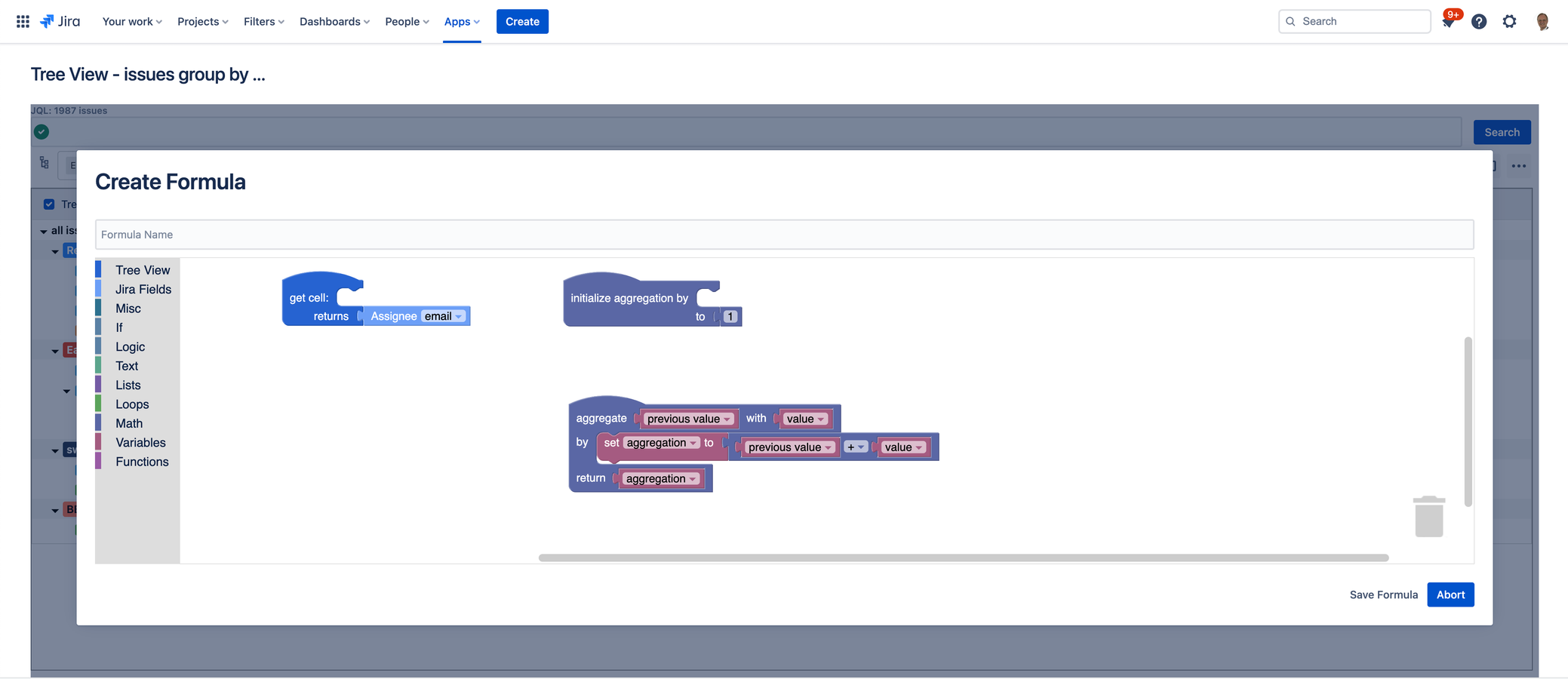 Configure user-defined formulas to render calculations in a column for issues and determine how to aggregate issues.