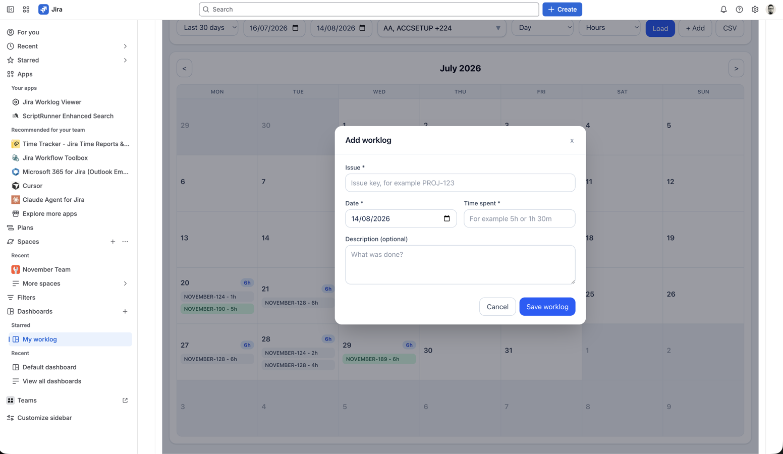 Add a worklog directly from the Dashboard gadget - the same full app, right on your Dashboard