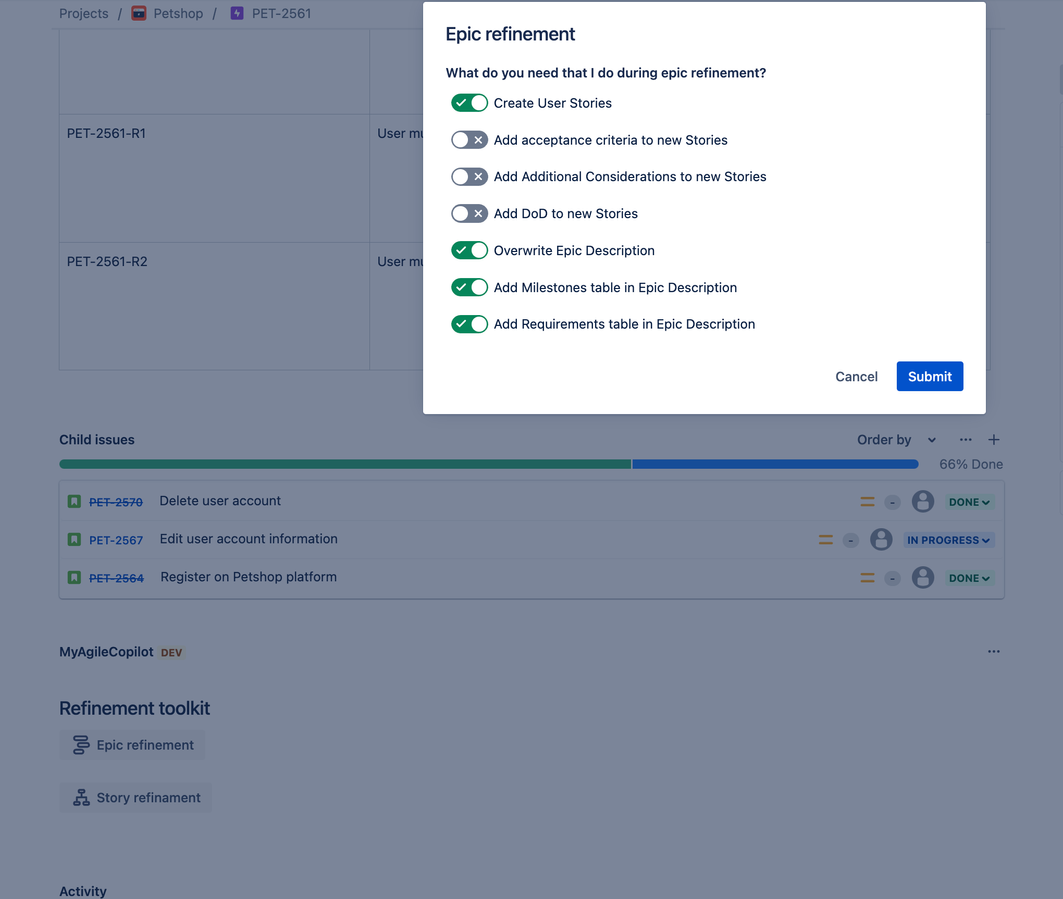 See an example of user stories and epics created automatically