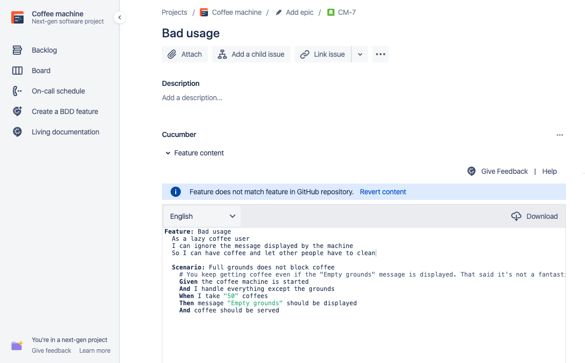 Write your feature using gherkin syntax and enjoy keyword highlights in different languages and download your feature as a file.