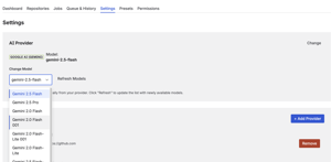 Settings page showing AI provider configuration with Google Gemini selected and a model dropdown listing available models like Gemini 2.5 Flash and Pro