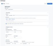 Steps one and two: point the report at spaces, a list of work items or raw JQL, then set the budget, currency and the two thresholds that decide when it turns amber and red.