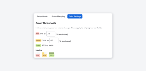 Jira admins choose where the bars turn from red to yellow to green. The bars on the issue and in both dashboard gadgets follow these thresholds.