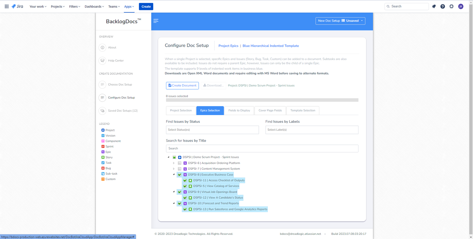 Select a project and issues.