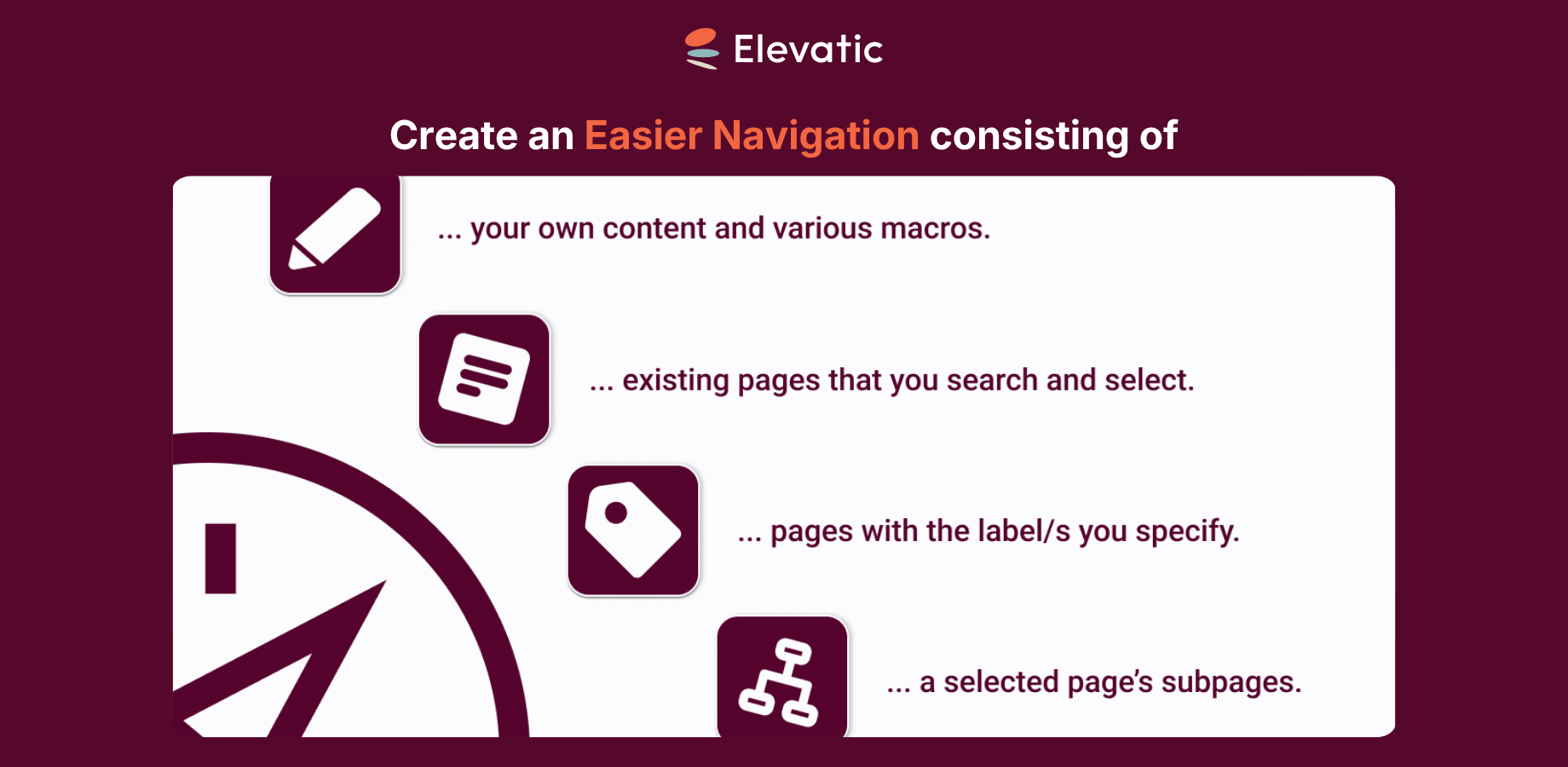 Quickly generate tab navigations based on page labels, subpages, or the pages you select manually. You can also create tab navigations consisting of your own content and macros.