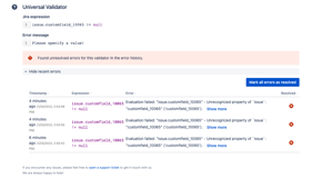 Structural errors also show up when configuring a condition or validator. When marking them as resolved, they will not show up in the global list of errors anymore.