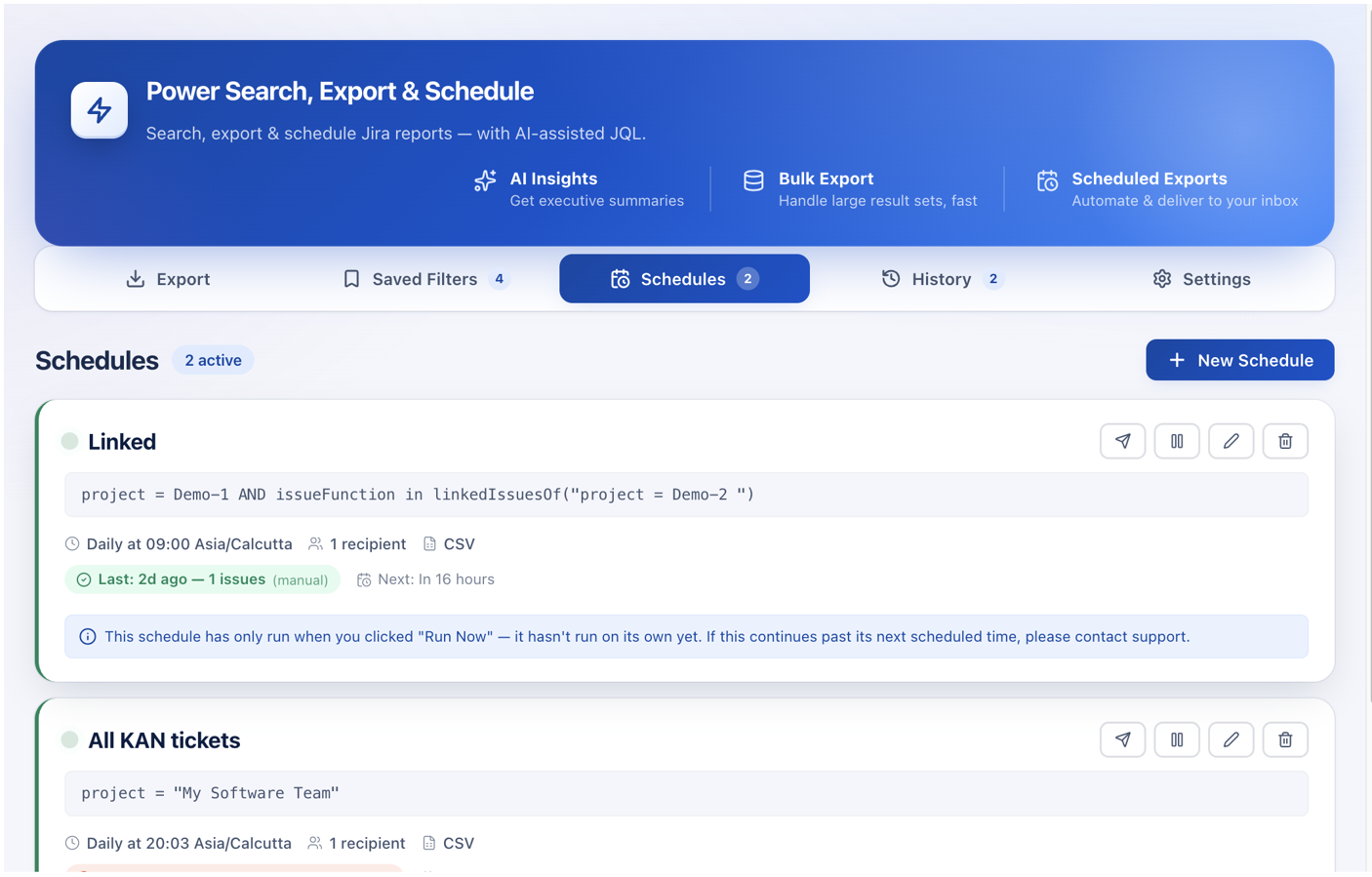 A schedule, fully configured — recurring delivery with zero manual work after setup.