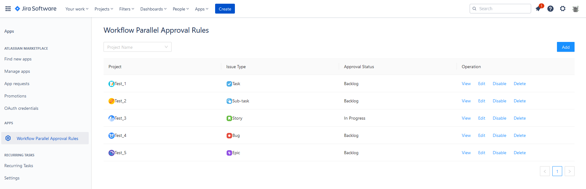The parallel approval rules settings page is simple and intuitive. You can search, view, add, edit, disable/enable and delete given rules on the rule settings page.