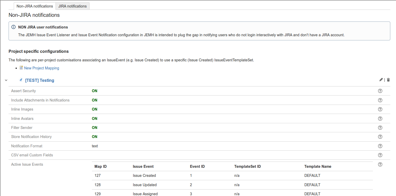 The screenshot shows just one Issue Event Project Mapping that allows per-project (or more supplied as CSV) customisation of what events result in what notification content.