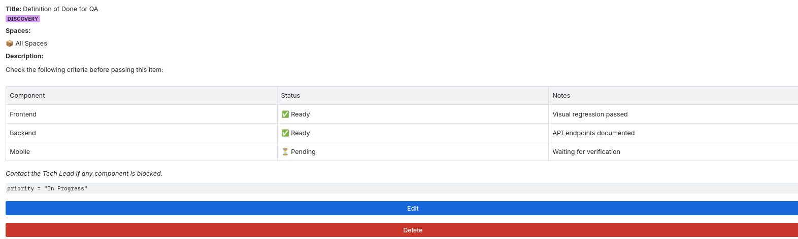 The edit form displaying current rule settings with all options pre-filled, allowing users to update JQL, markdown text, styles, and spaces to fully customize message behavior.