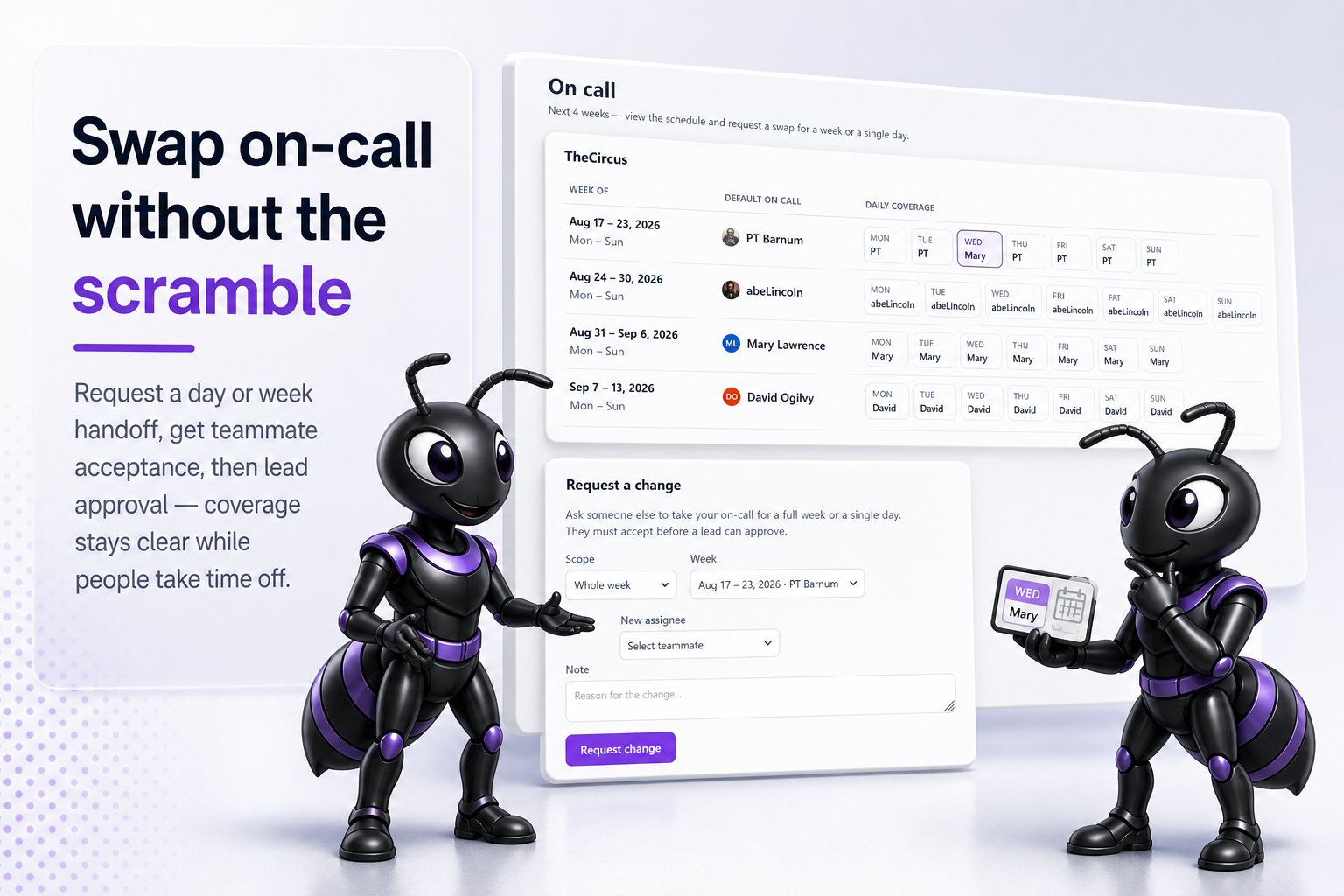 On-call roster with weekly defaults and daily coverage, plus a Request a change form for whole-week or single-day swaps. Teammate acceptance and lead approval keep coverage clear during leave