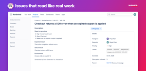 Not lorem ipsum dummy data: a generated bug with steps to reproduce, expected and actual results, environment, assignee, priority, labels, due date, story points and parent epic. Ready for QA and training.