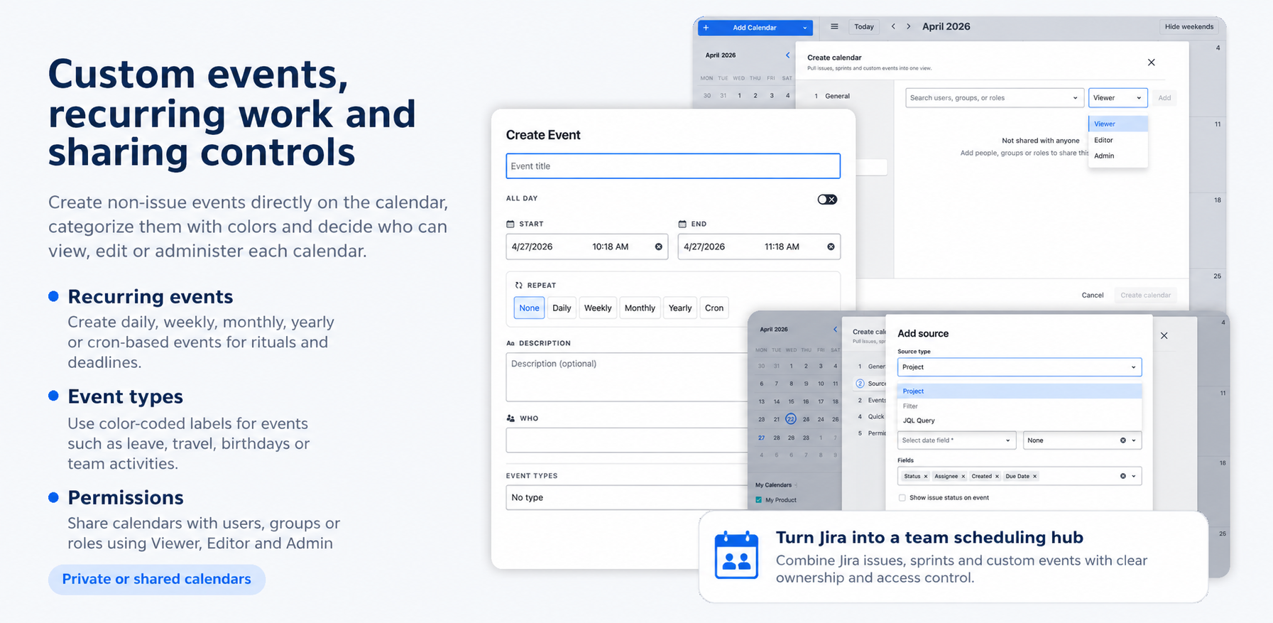 Configure Jira sources, date fields, displayed fields and quick filters without code