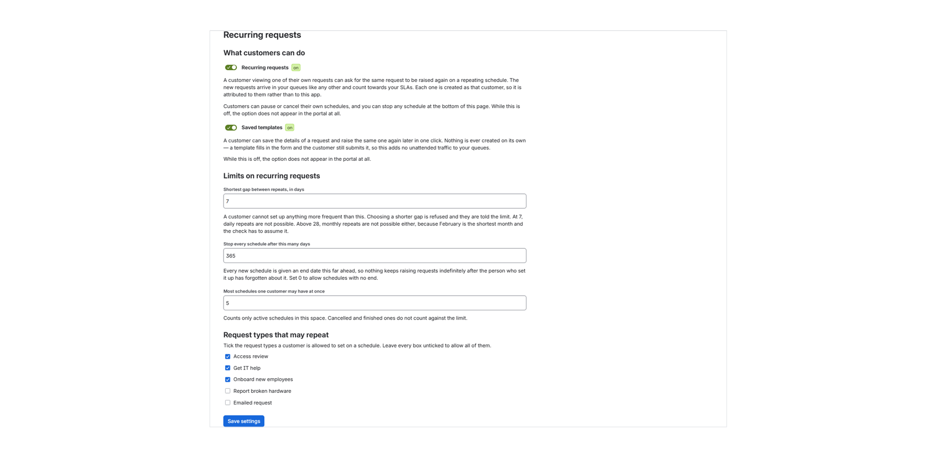 Project settings with recurring requests enabled, a seven day minimum gap, and three of five request types permitted to repeat