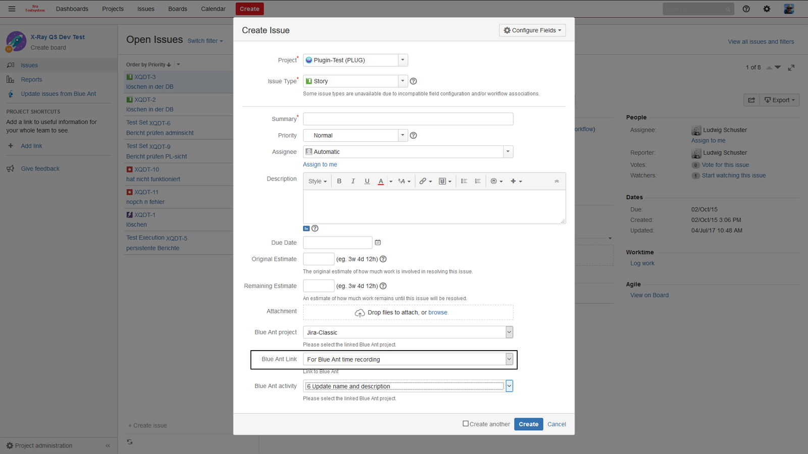 Create issue & assign for Blue Ant time recording