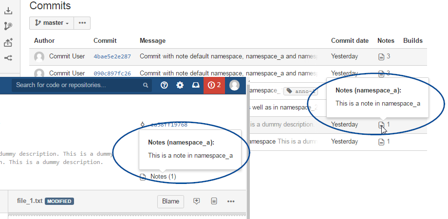 Git notes at several locations