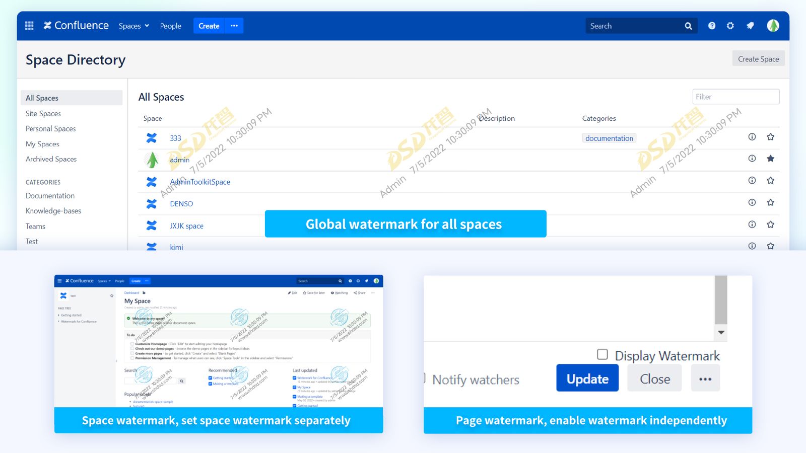 The use of watermarks is very free. You can use a global watermark for all spaces, or set a watermark for a single space, or even enable watermarks for a single page, and add watermarks to attachment previews.