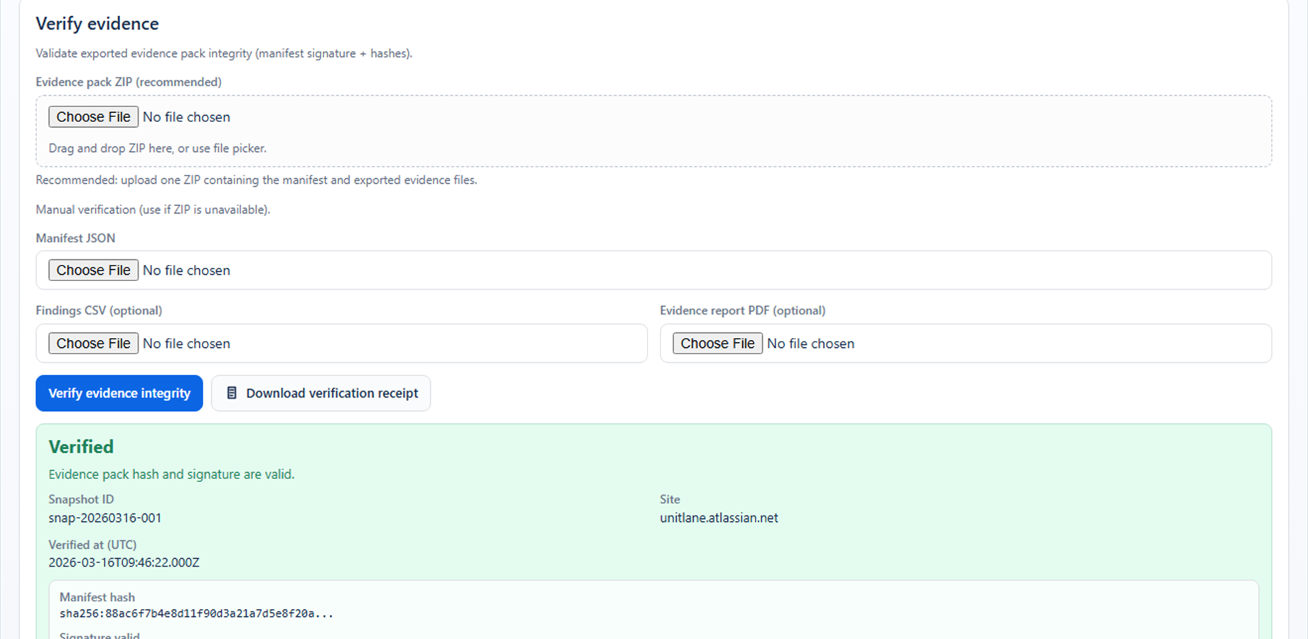 Evidence verification confirms the exported files still match the recorded scan output.