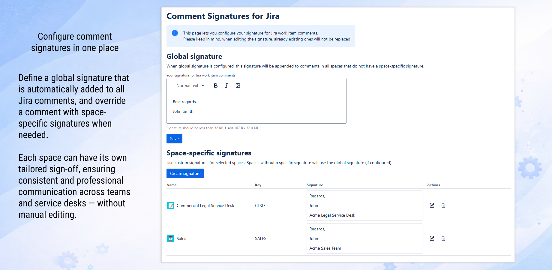 Global and space-specific comment signatures configuration in Jira