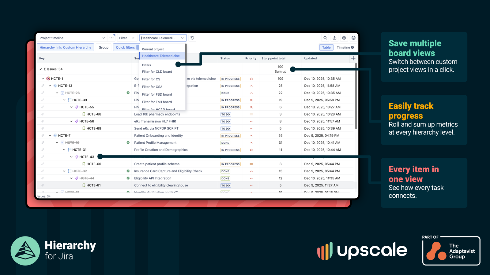 Save multiple custom views for different audiences. Automatic rollups show story points, estimates, and progress at every level. Share real-time reports instantly with stakeholders, without manual updates.