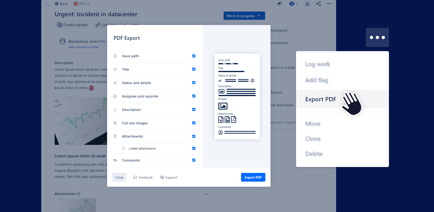 Example of the export option in an issue actions dropdown