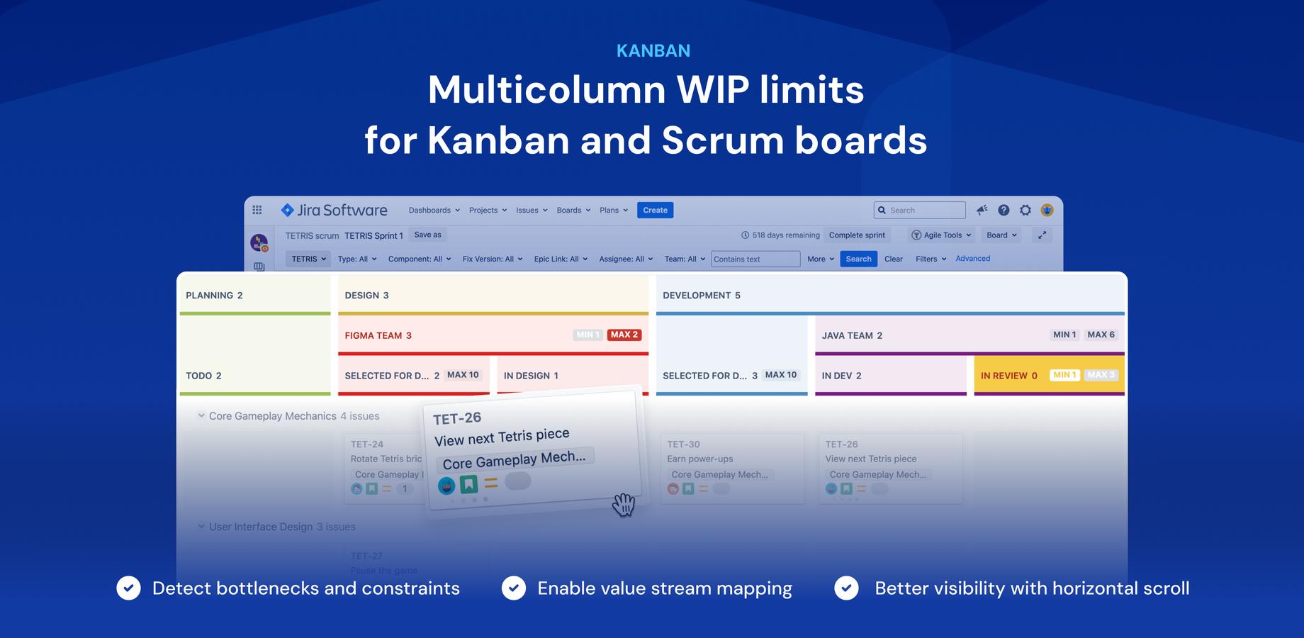 Multicolumn WIP with headers and split columns enables Kanban pull system and Scrumban boards in Jira