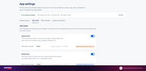 App settings: cap how many issues a function may scan before it runs and how many it may return, control feature access per user or group, and watch queue and rate-limit health from one bar.