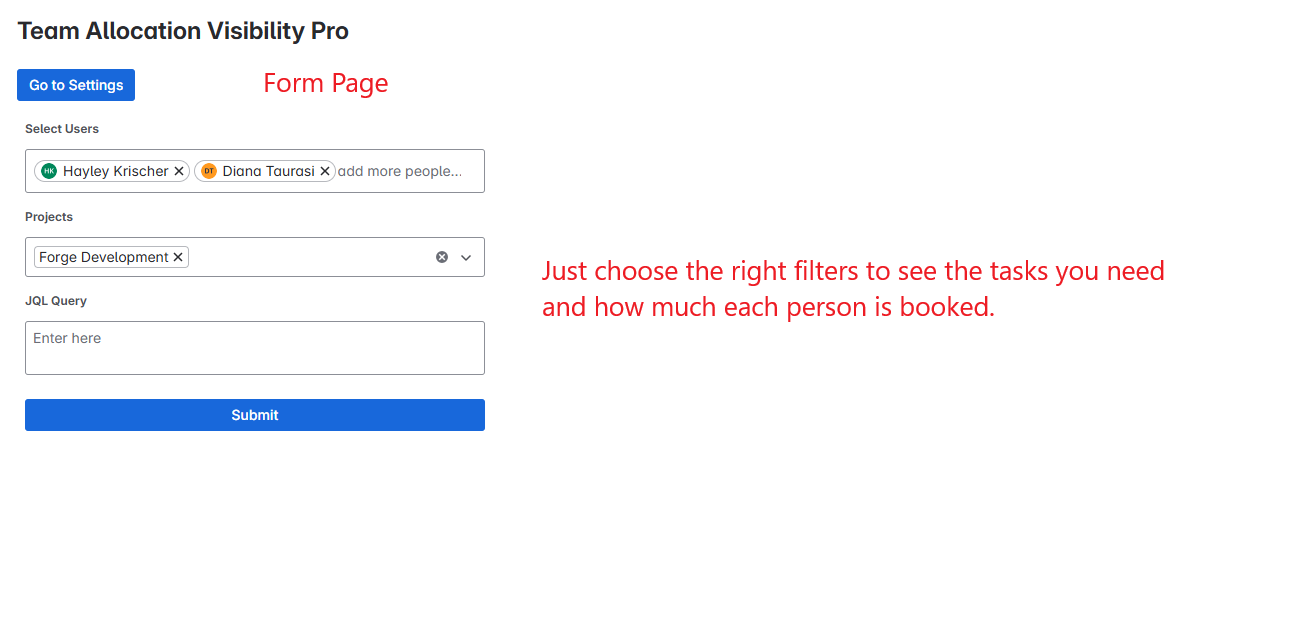Include Username, Project name and Custom JQL query values in your filter to obtain the desired results presented in a straightforward tabular format