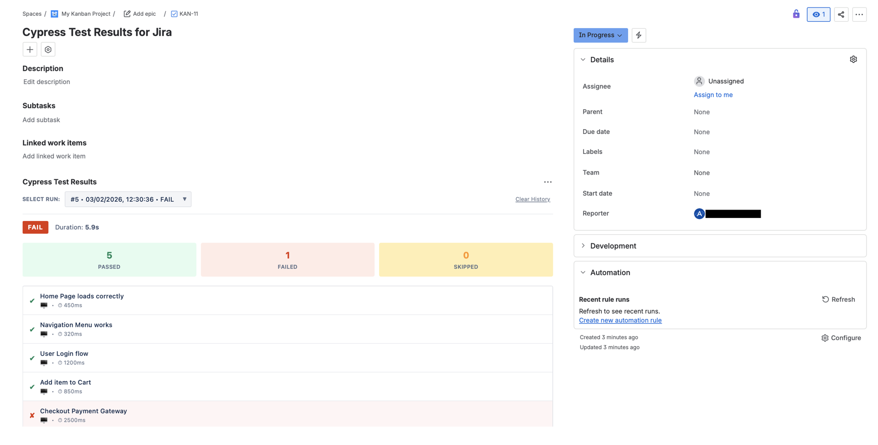 Jira issue panel showing a pie chart with Cypress test pass and fail statistics.