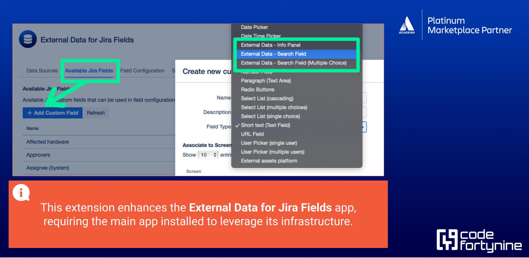 Multi-layered search capabilities integrated into the 'Create Issue Screen'
The Search Field function allows to enter search criteria directly into native Jira fields
Can be used to retrieve external data in real time