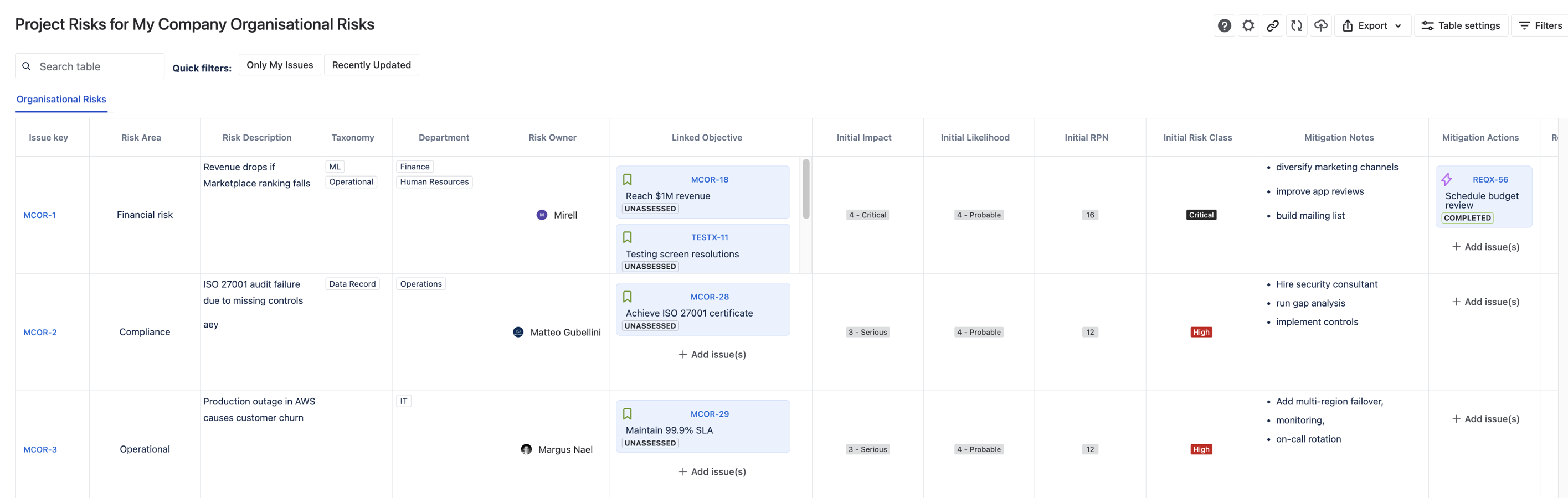 Create and manage risks in spreadsheet-style risk registers inside Jira.