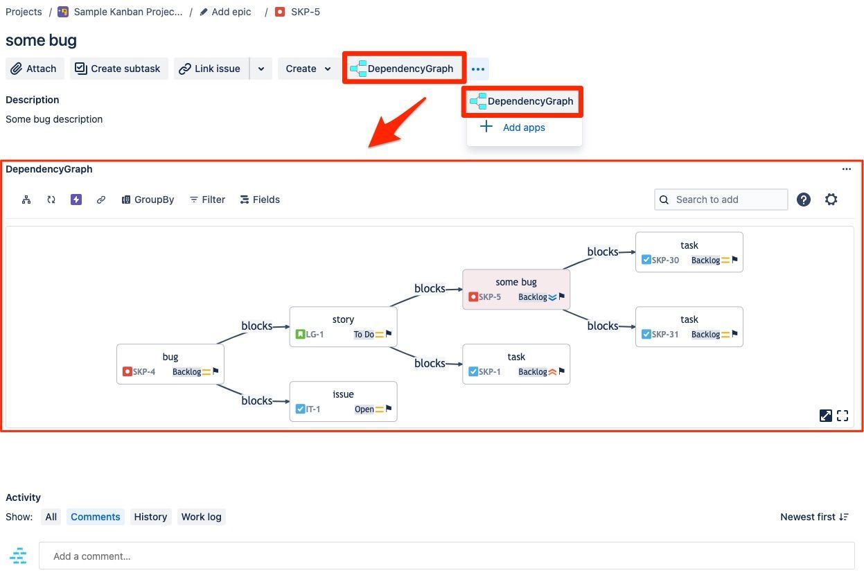 The Dependency Graph conveniently resides within the issue page, offering a seamless and user-friendly platform to view task dependencies. The app enhances project coordination and clarity, making it a valuable tool.