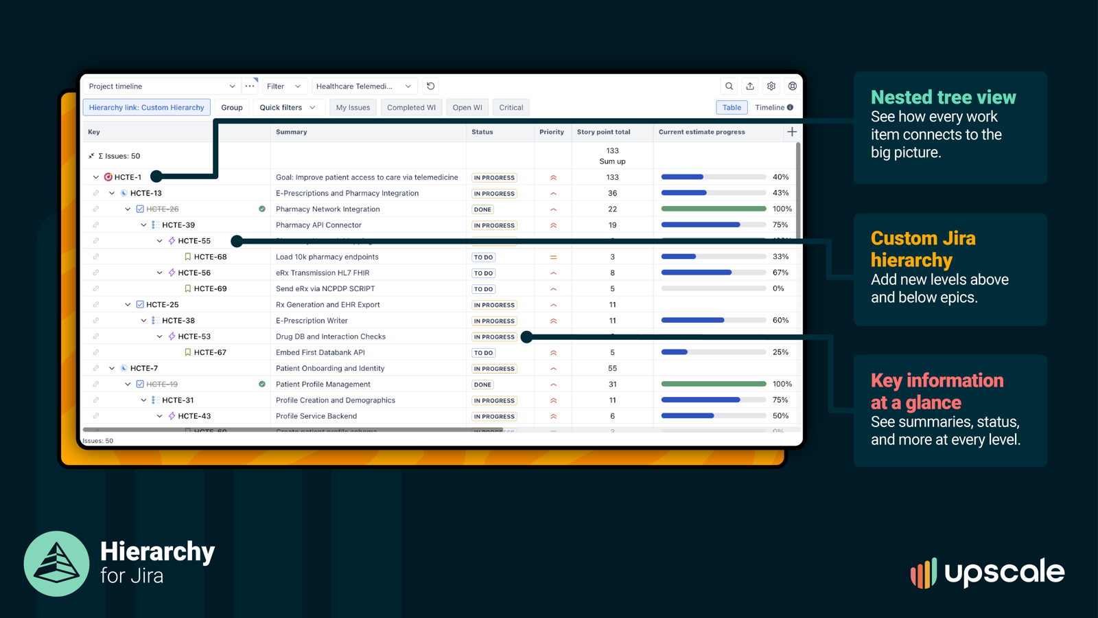 Create flexible hierarchies that match your workflow. View nested tree structures with custom levels beyond Jira's default epic-story-subtask structure. Link tasks and see their connections visually. 