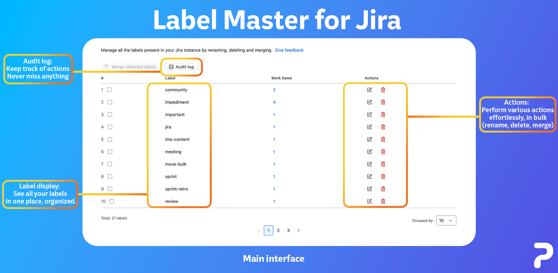 Screenshot of the Label Master app seamlessly integrated into the Jira Cloud interface, with a visual shield icon symbolizing data protection and speed.