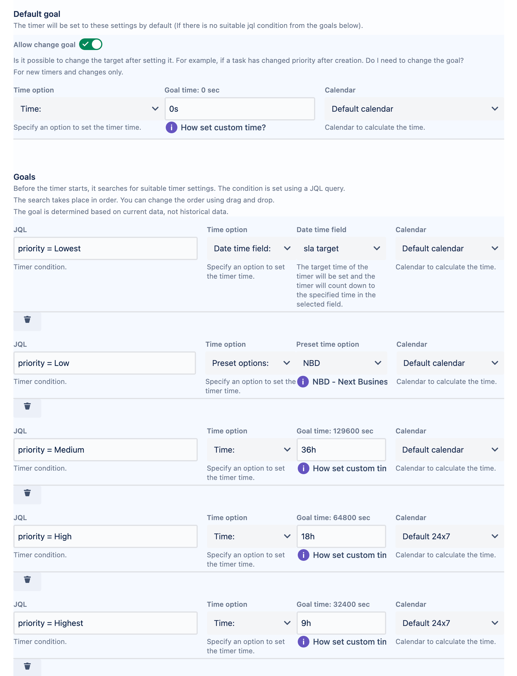 ​Set target time for timers using JQL conditions. As a target, you can specify - time, date and time from a custom field or predefined options (NBD-next business day). Time is calculated according to the working calendar