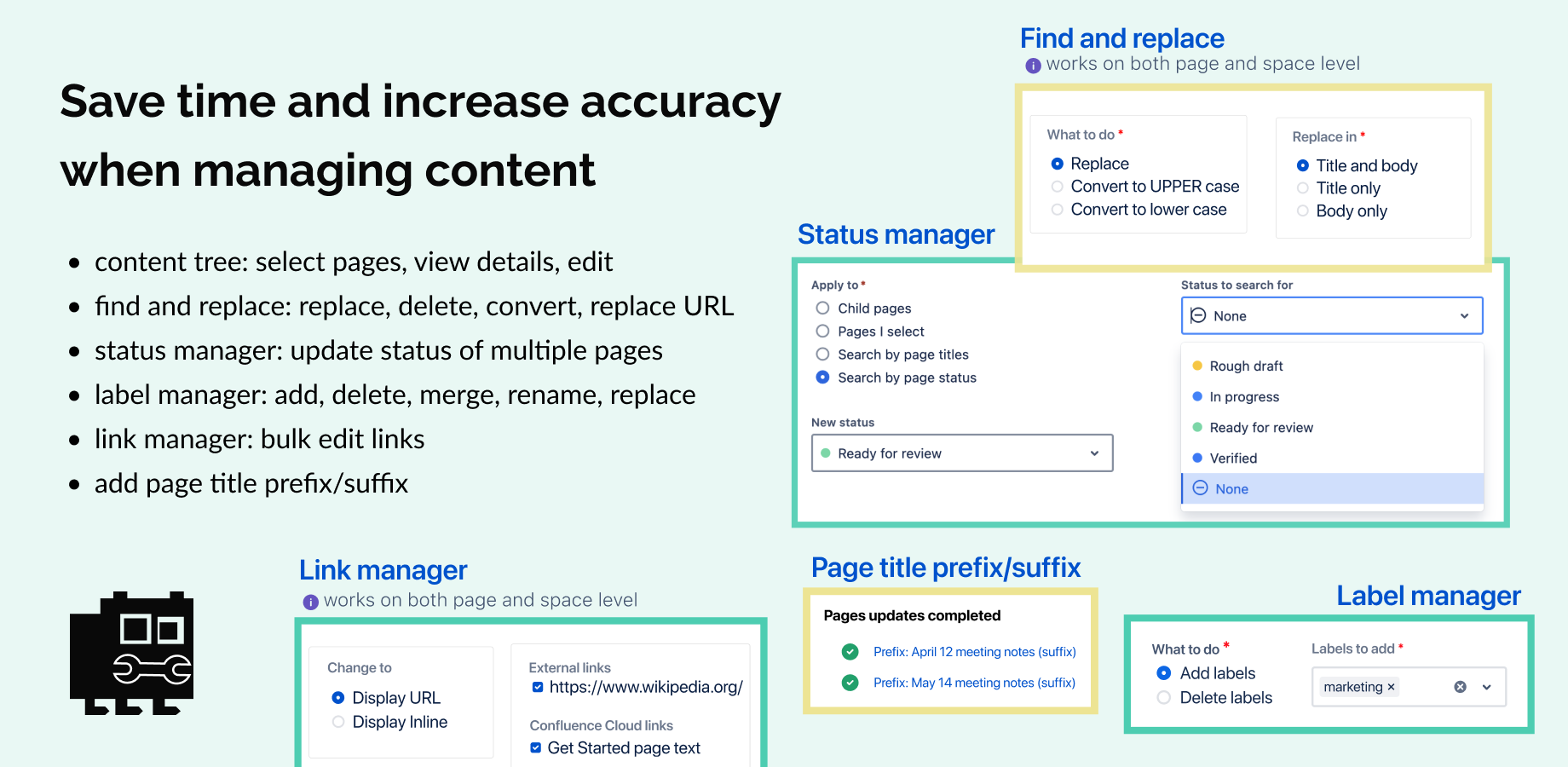 Find and replace, label manager, link manager