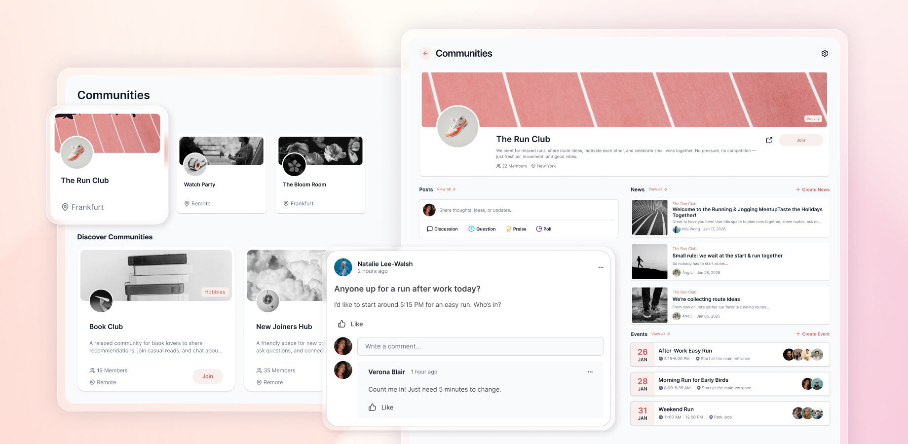 Screenshot showing Mantra Communities with public and private spaces, social interactions like likes, comments, and emojis, and tailored dashboards for teams, projects, and company-wide collaboration.