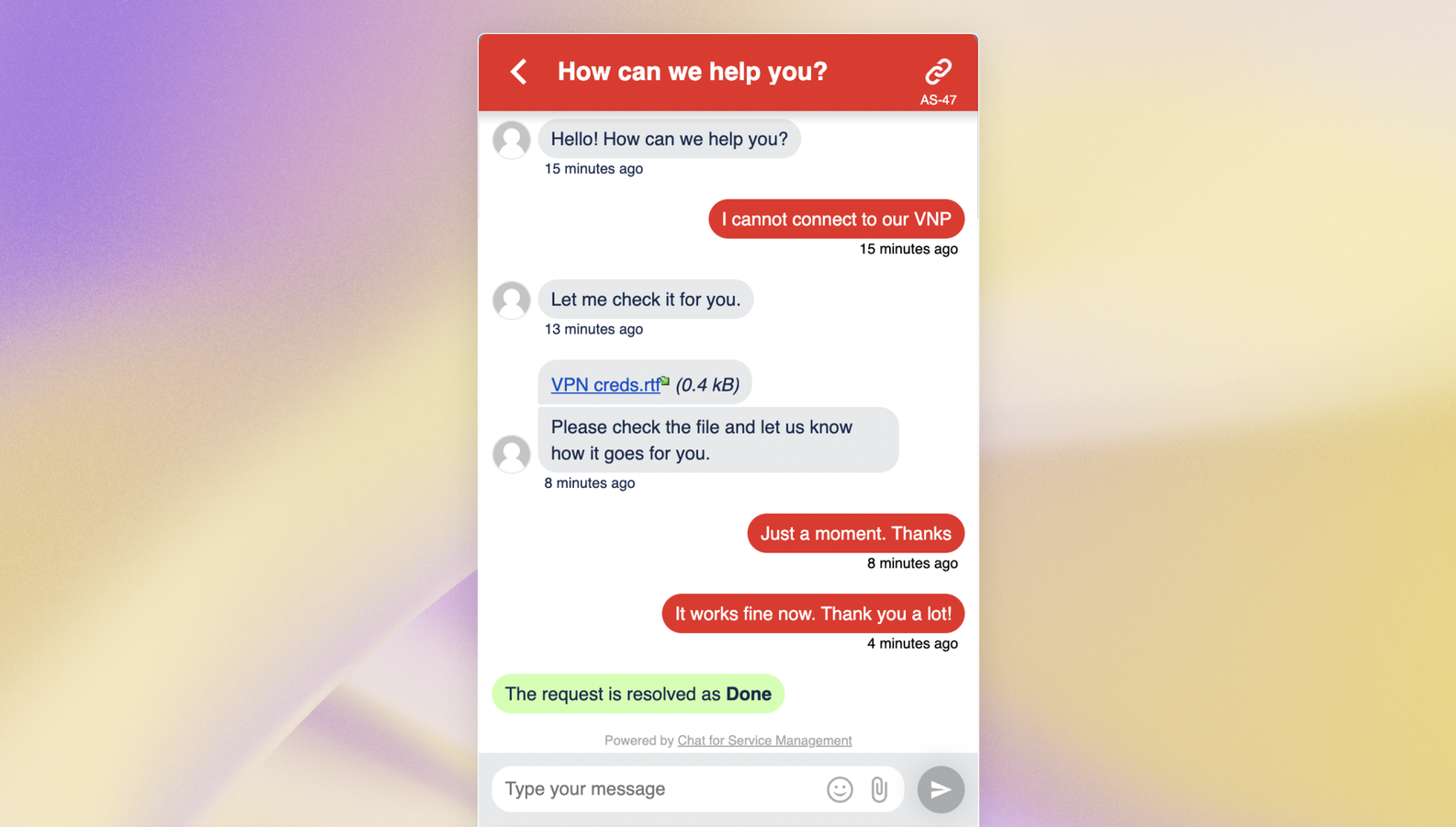 Chat with your customers in real-time and seamlessly turn these conversations into Service Management requests and comments​