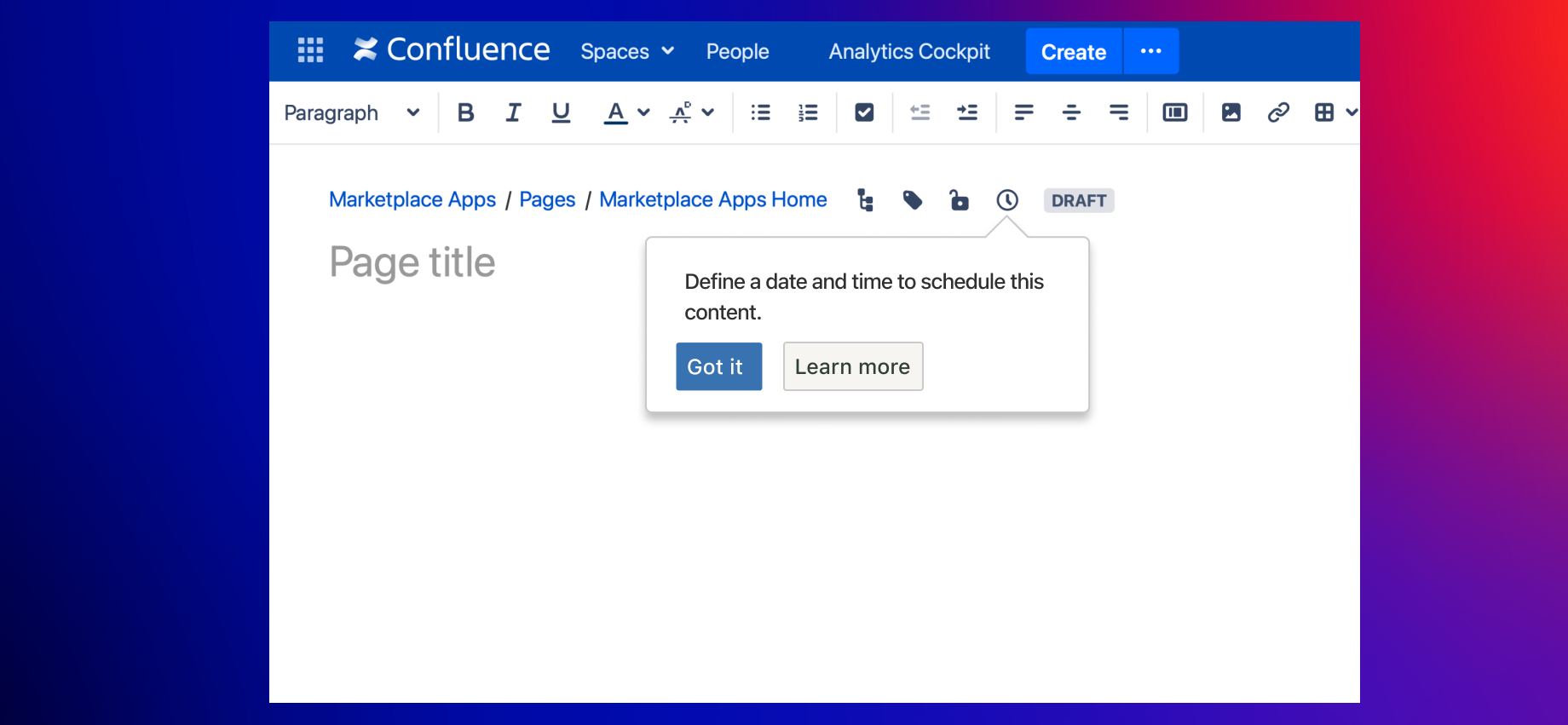 In the editor, use the schedule button (clock icon) to schedule the publishing of your blog post.