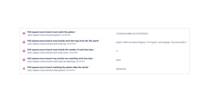 Ensure pull request source branch names follow a defined pattern using regular expressions. Require one or more valid work item keys and manage non-matching or non-existent keys according to predefined rules.