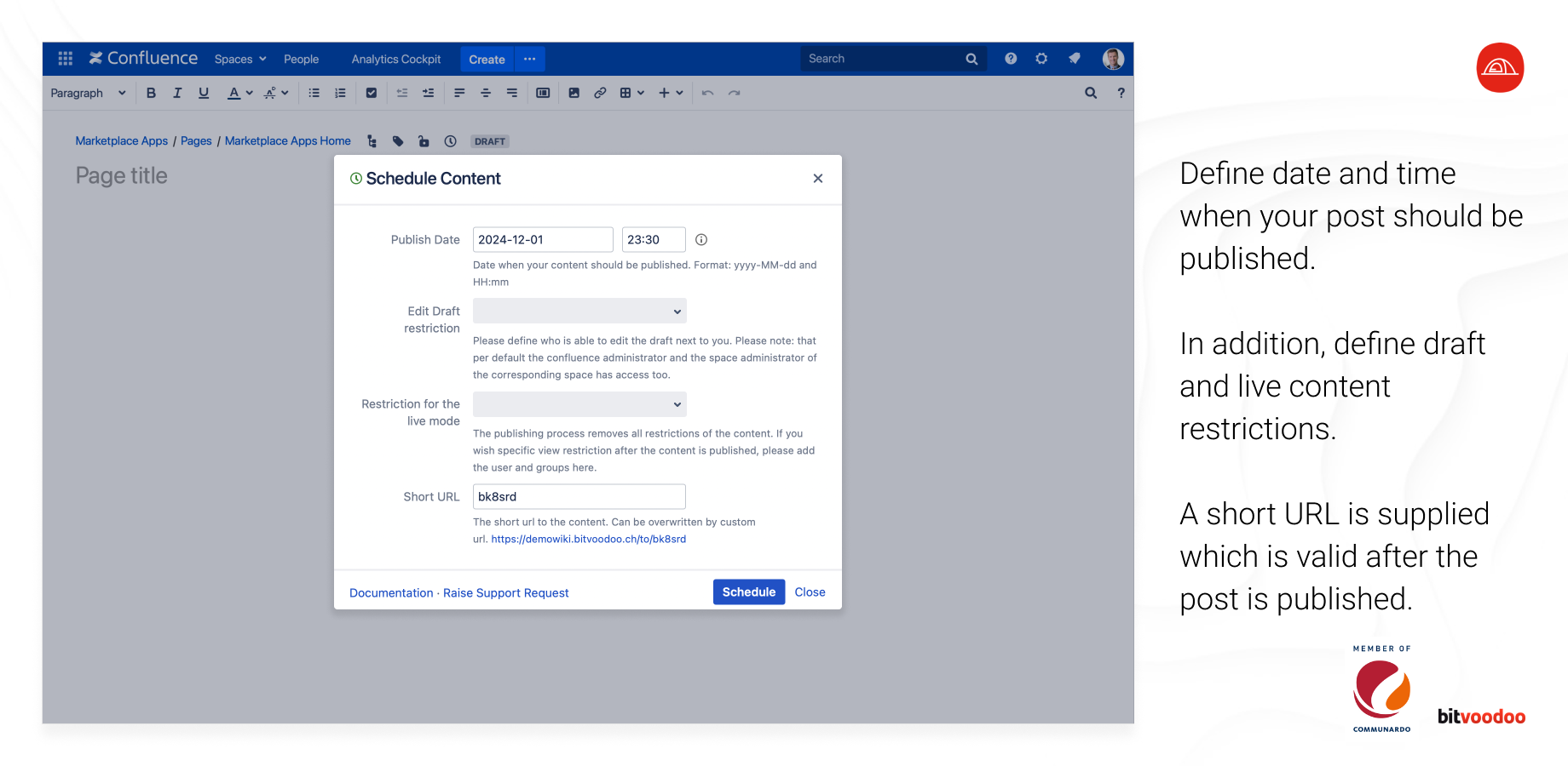 Define the date and time when your post should be published. A short URL is supplied that is valid after the post is published.