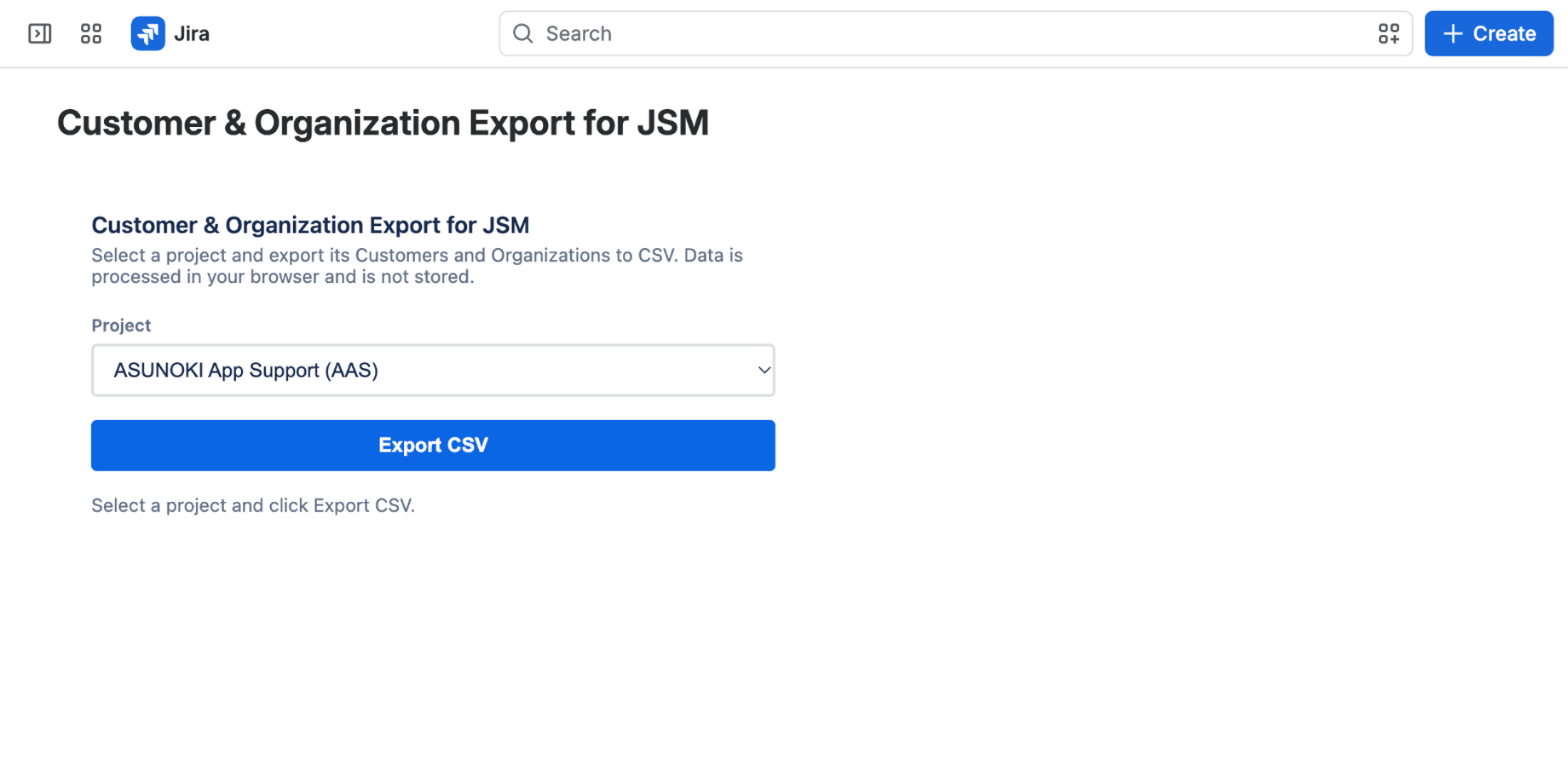 Select a project from the dropdown, then click Export CSV.