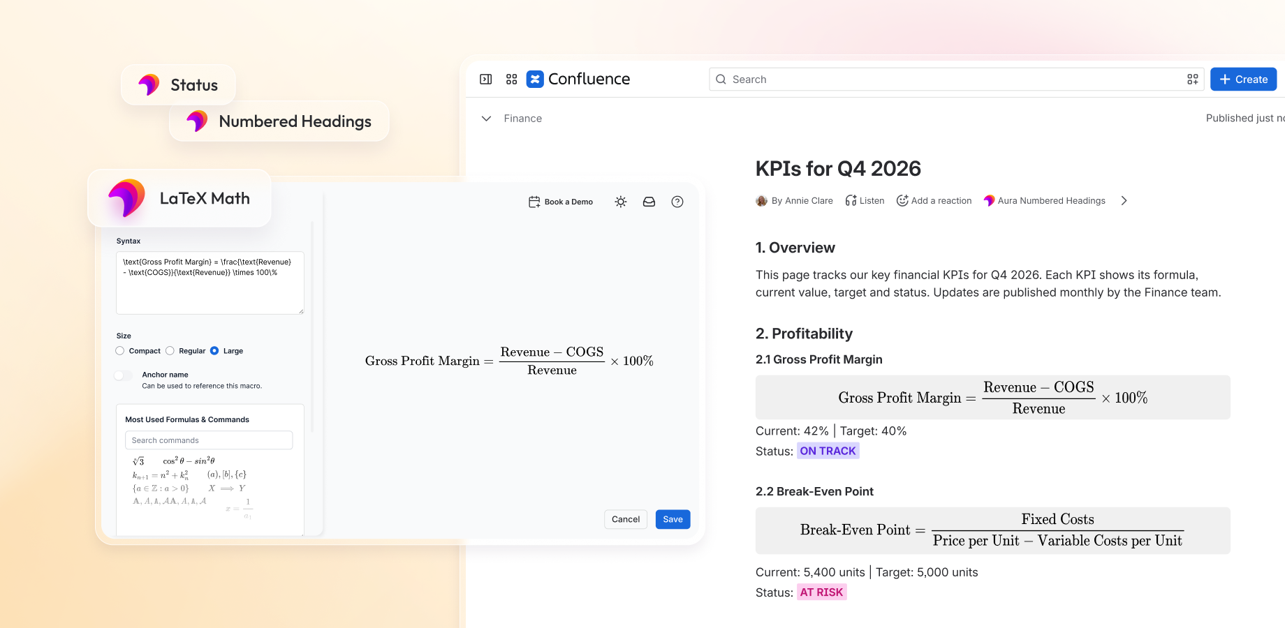 Aura Tabs macro in Confluence: Switch between horizontal and vertical tab layouts to organize documentation, knowledge bases, and project wikis. Clean navigation for complex content without cluttering your pages.