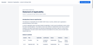 The audit pack renders a generated version as a plain printable page, away from Jira's chrome, so it can be printed or saved as a PDF for an auditor.
