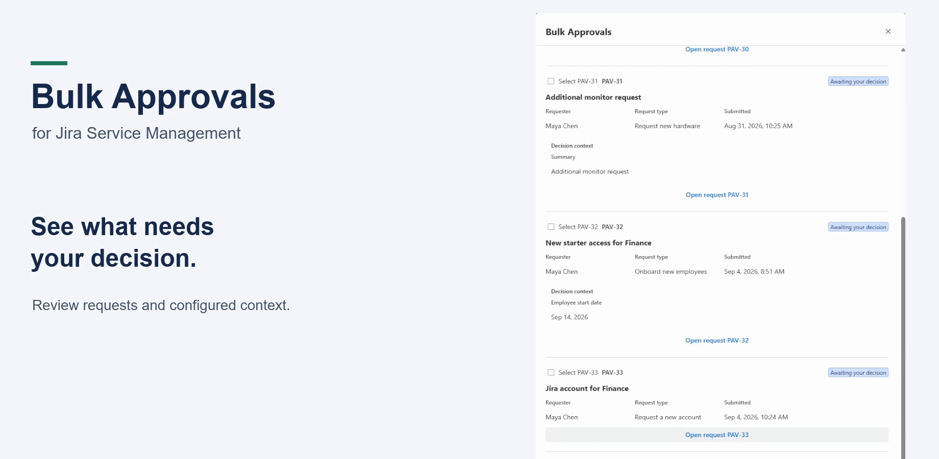 Each pending approval shows request key, summary, requester, request type, submitted date and configured decision-context fields.