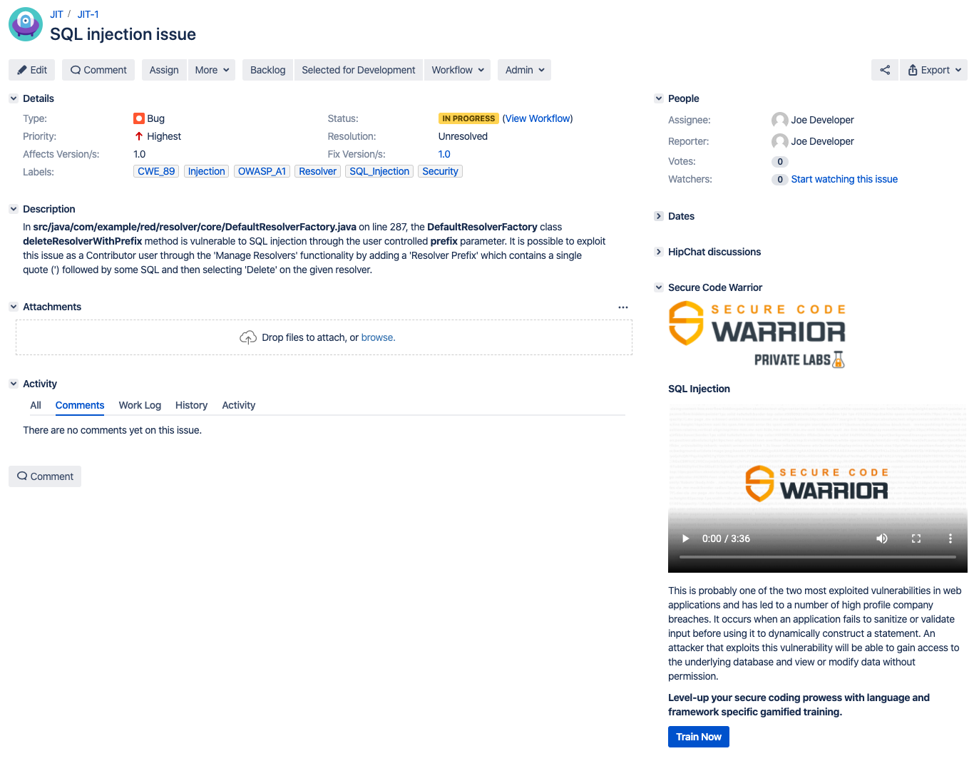 This screenshot shows the Secure Code Warrior contextual learning panel that provides a brief description of the detected vulnerability and a link to relevant code challenges